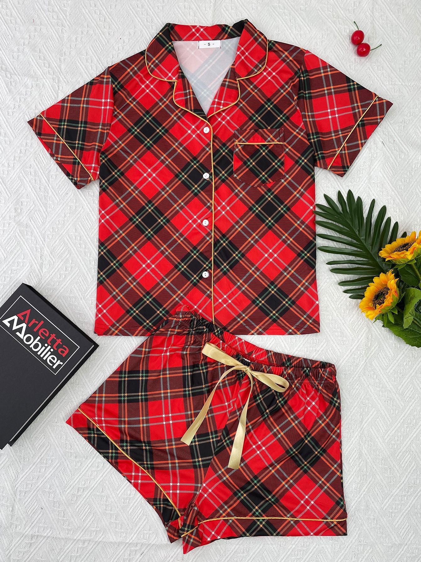 Between Us Red Plaid Pajama Shorts Set