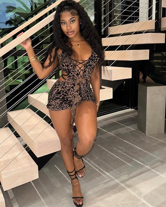 Sasha Lace-Up Leopard Romper