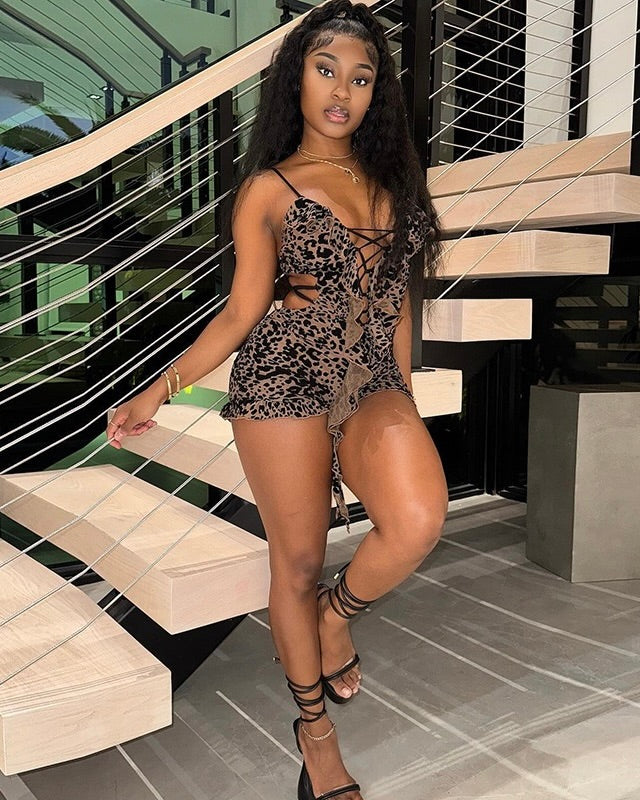 Sasha Lace-Up Leopard Romper