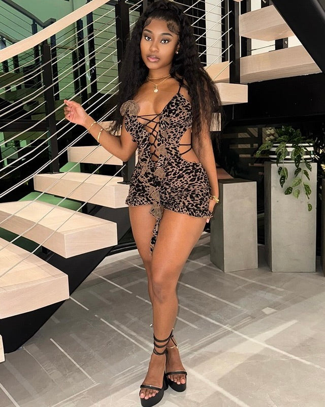 Sasha Lace-Up Leopard Romper