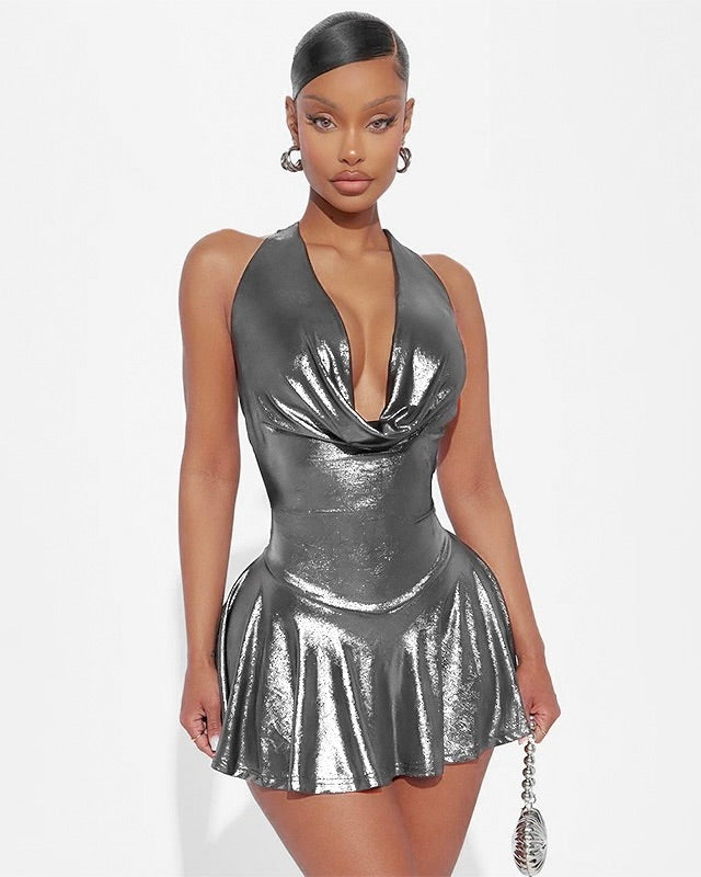 Celeste Metallic Halter Mini Dress