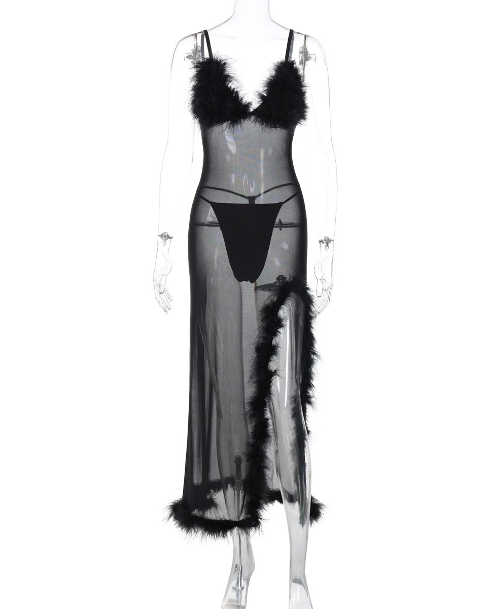 Scarlett Sheer Feather Trim Maxi Dress