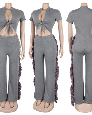 Amara Fringe Pant Set Gray
