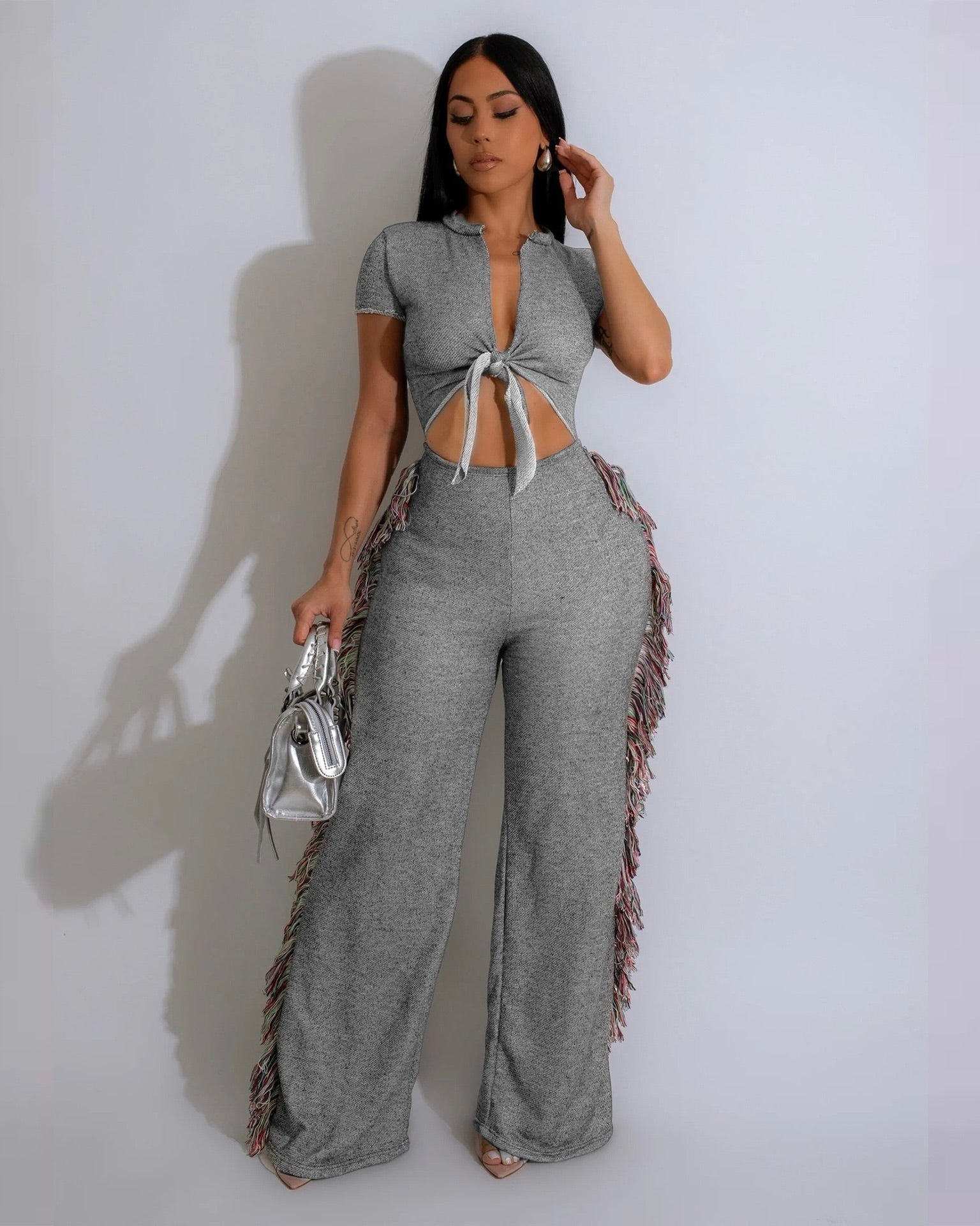 Amara Fringe Pant Set Gray
