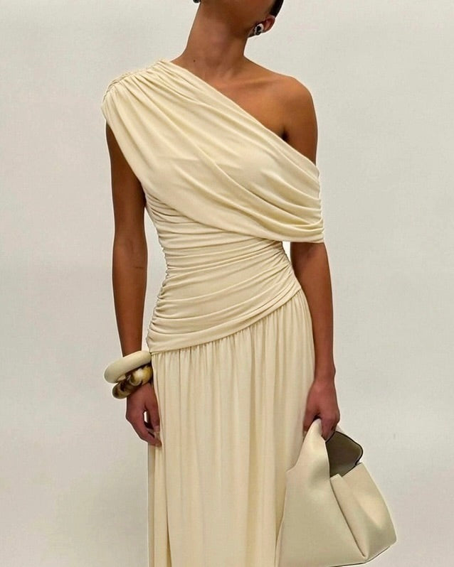 Dime Ruched One-Shoulder Maxi Dress
