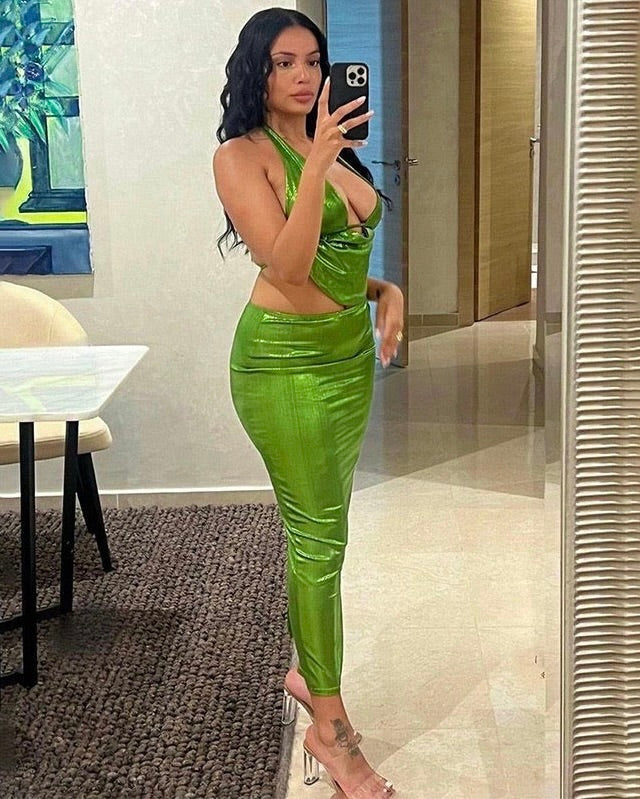 Trust Metallic Two-Piece Skirt Set – Green