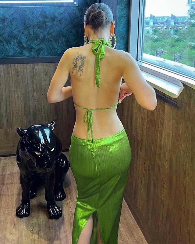 Trust Metallic Two-Piece Skirt Set – Green