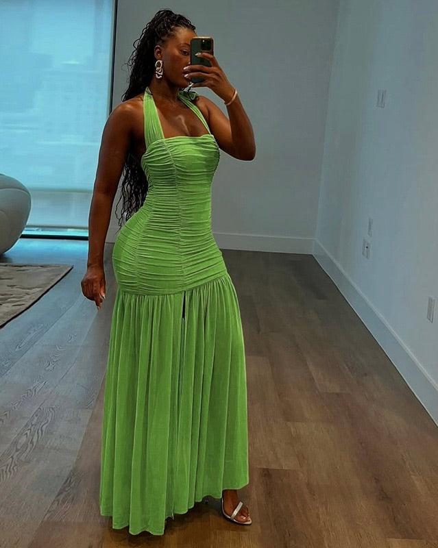 Chantel Lime Ruched Halter Maxi Dress