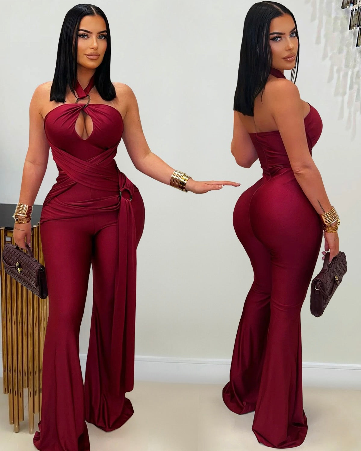 Evali Burgundy Halter Wrap Jumpsuit