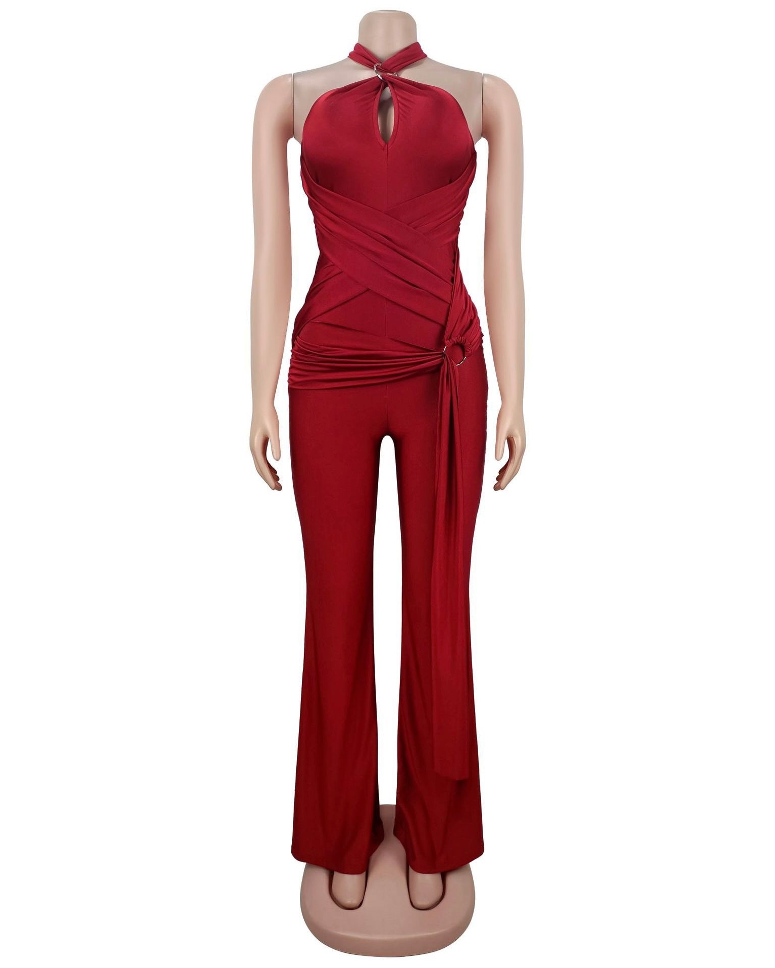 Evali Burgundy Halter Wrap Jumpsuit