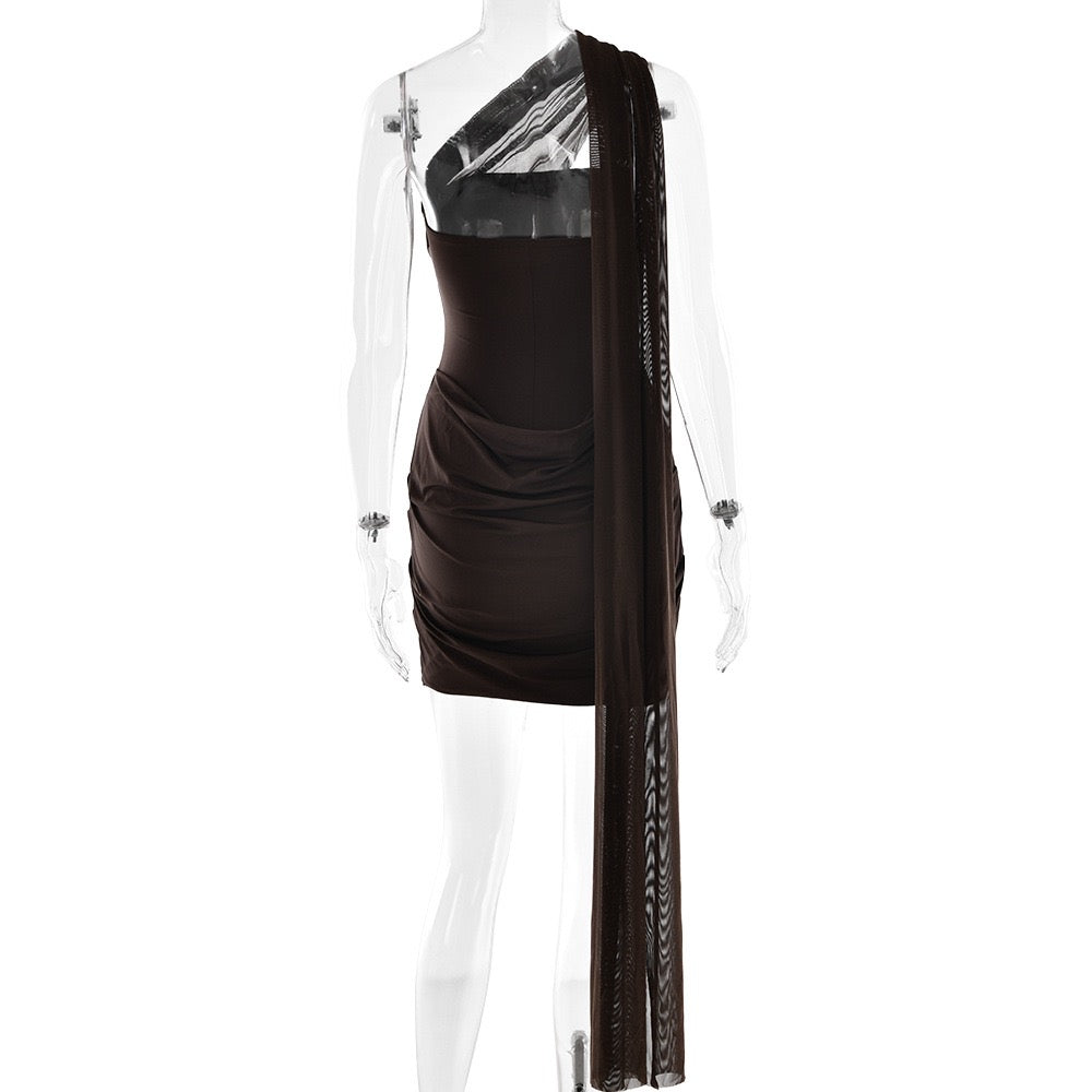 Sky Draped One-Shoulder Dress Brown