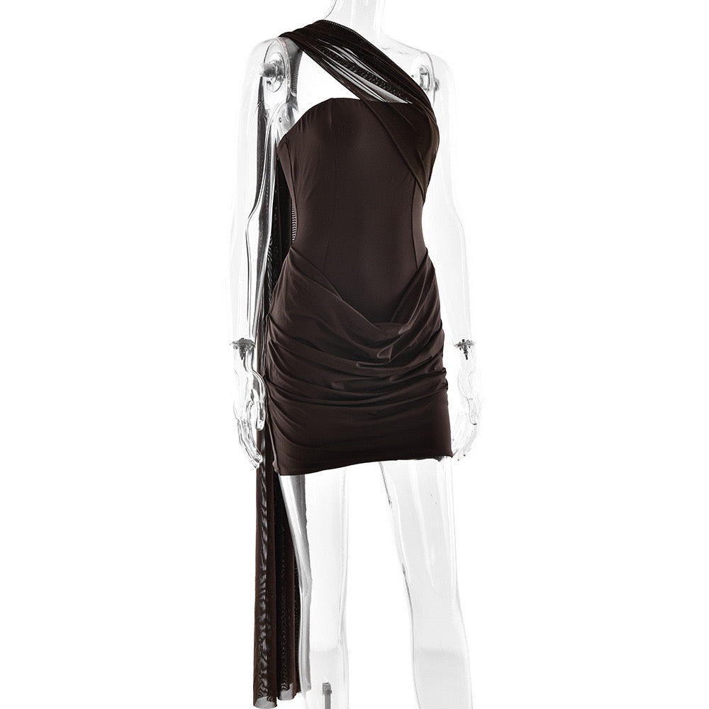 Sky Draped One-Shoulder Dress Brown