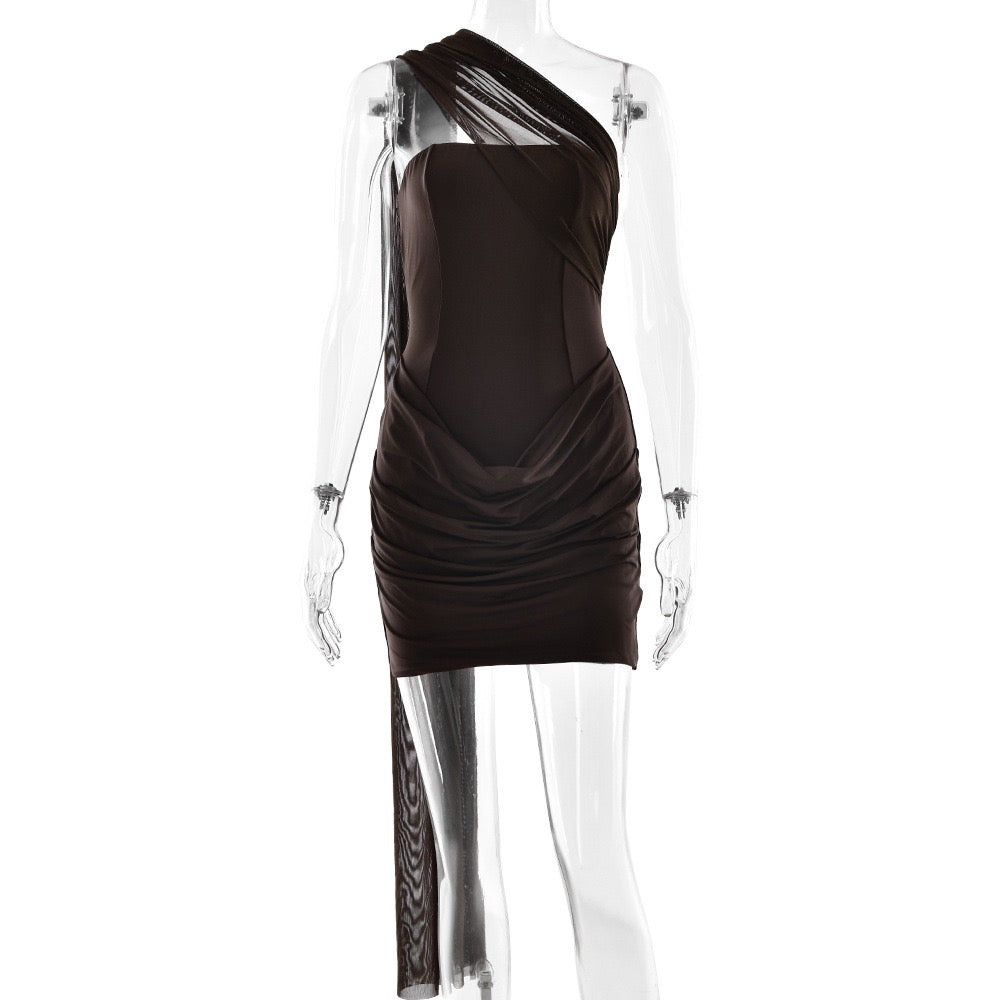 Sky Draped One-Shoulder Dress Brown