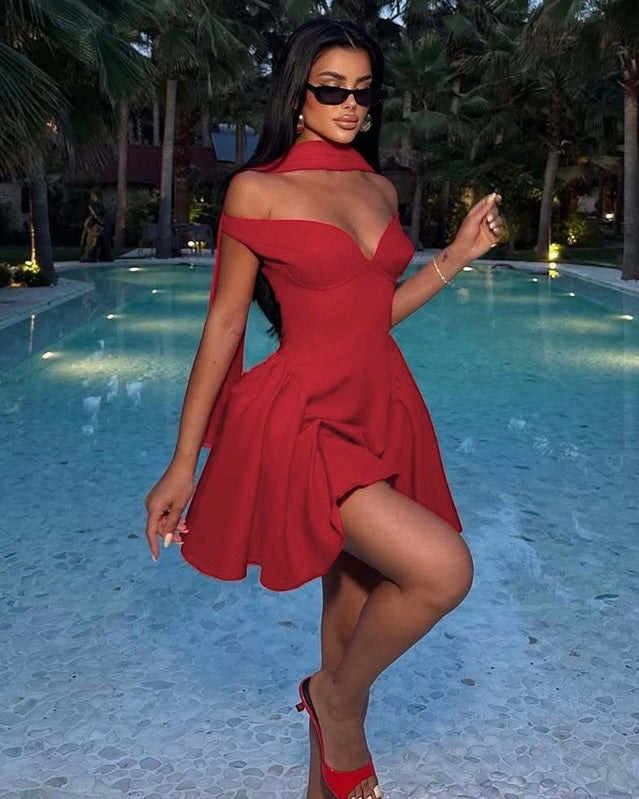 Lustre Red Off-Shoulder Skater Mini Dress