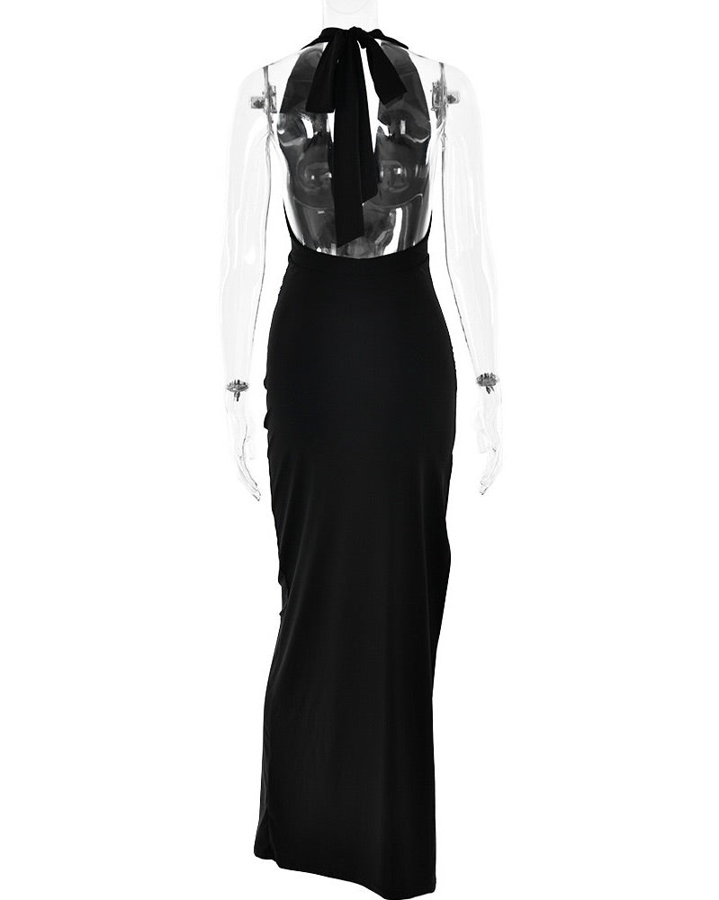 Sylvette Plunge Halter Maxi Gown Black