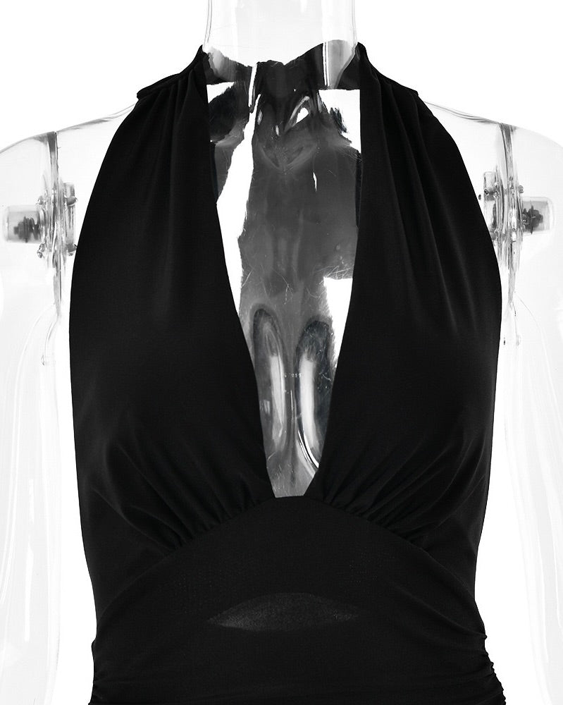 Sylvette Plunge Halter Maxi Gown Black