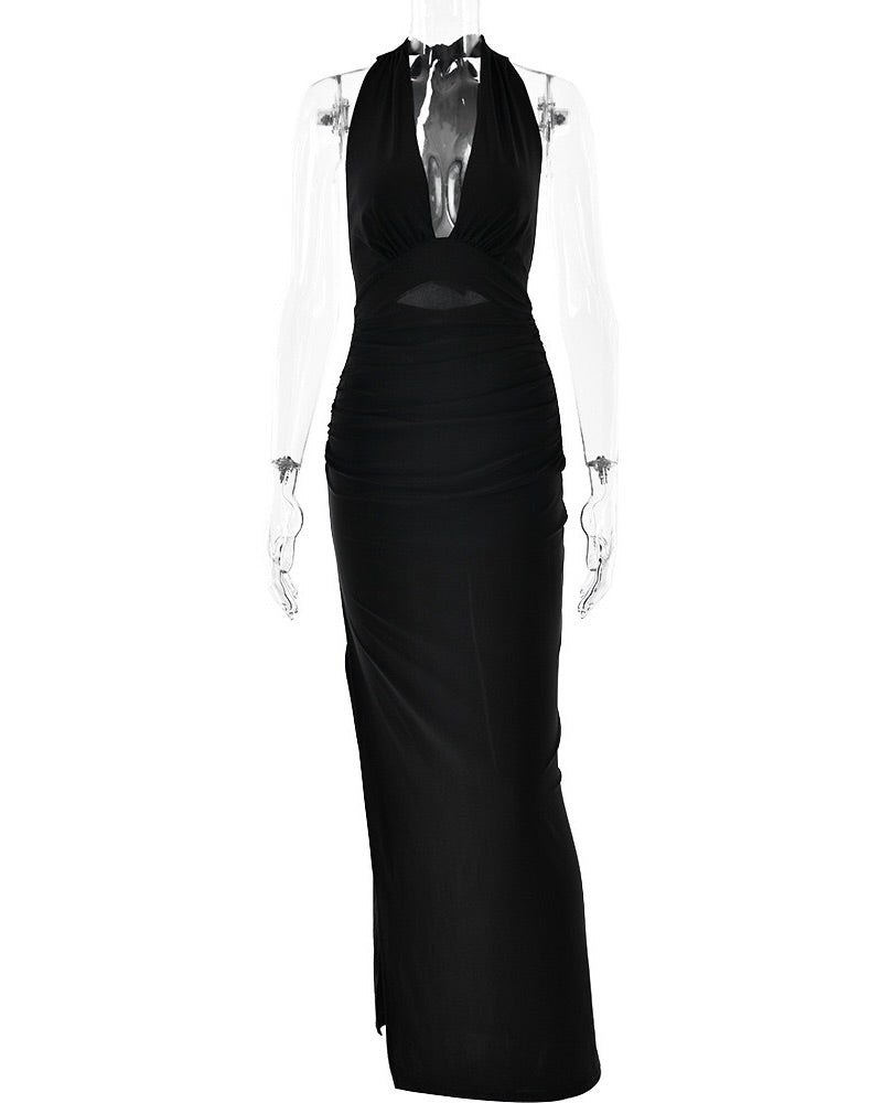 Sylvette Plunge Halter Maxi Gown Black