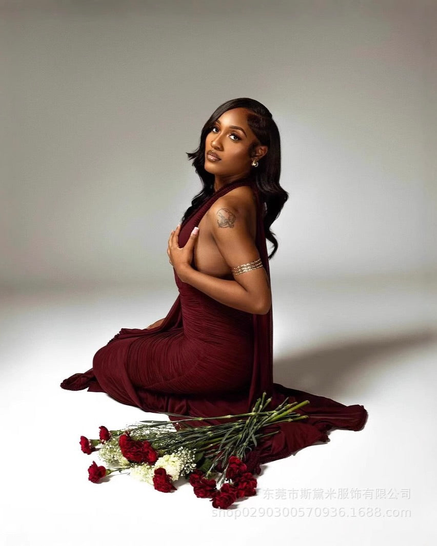 Celinea Ruched Plunge Maxi Gown