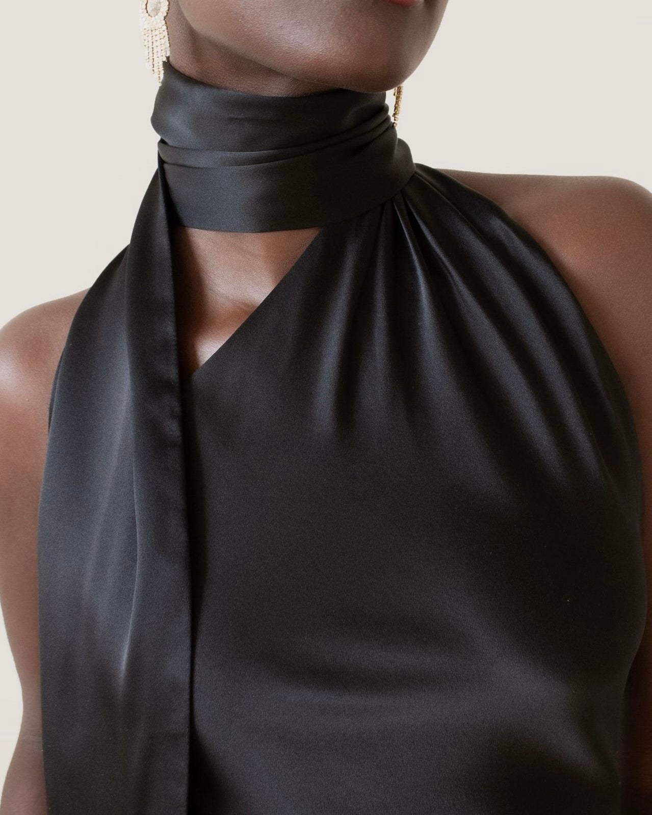 Belmont Satin Scarf-Neck Mini Dress Black