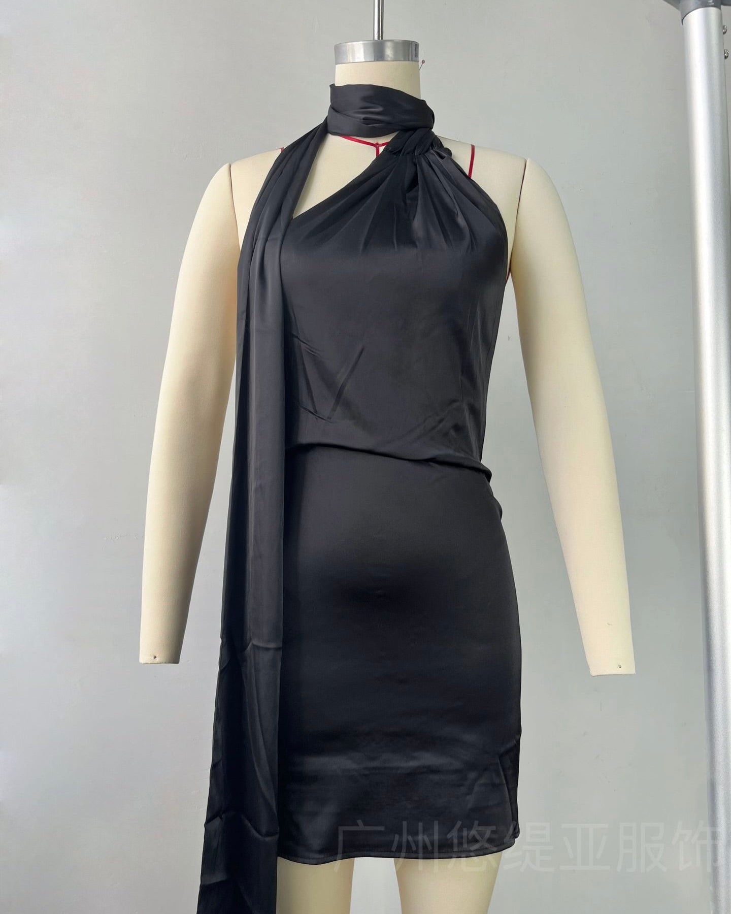 Belmont Satin Scarf-Neck Mini Dress Black