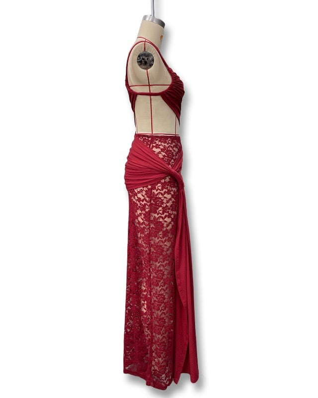 Emmerie Draped Lace Cut-Out Maxi Gown