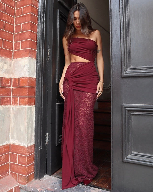 Emmerie Draped Lace Cut-Out Maxi Gown