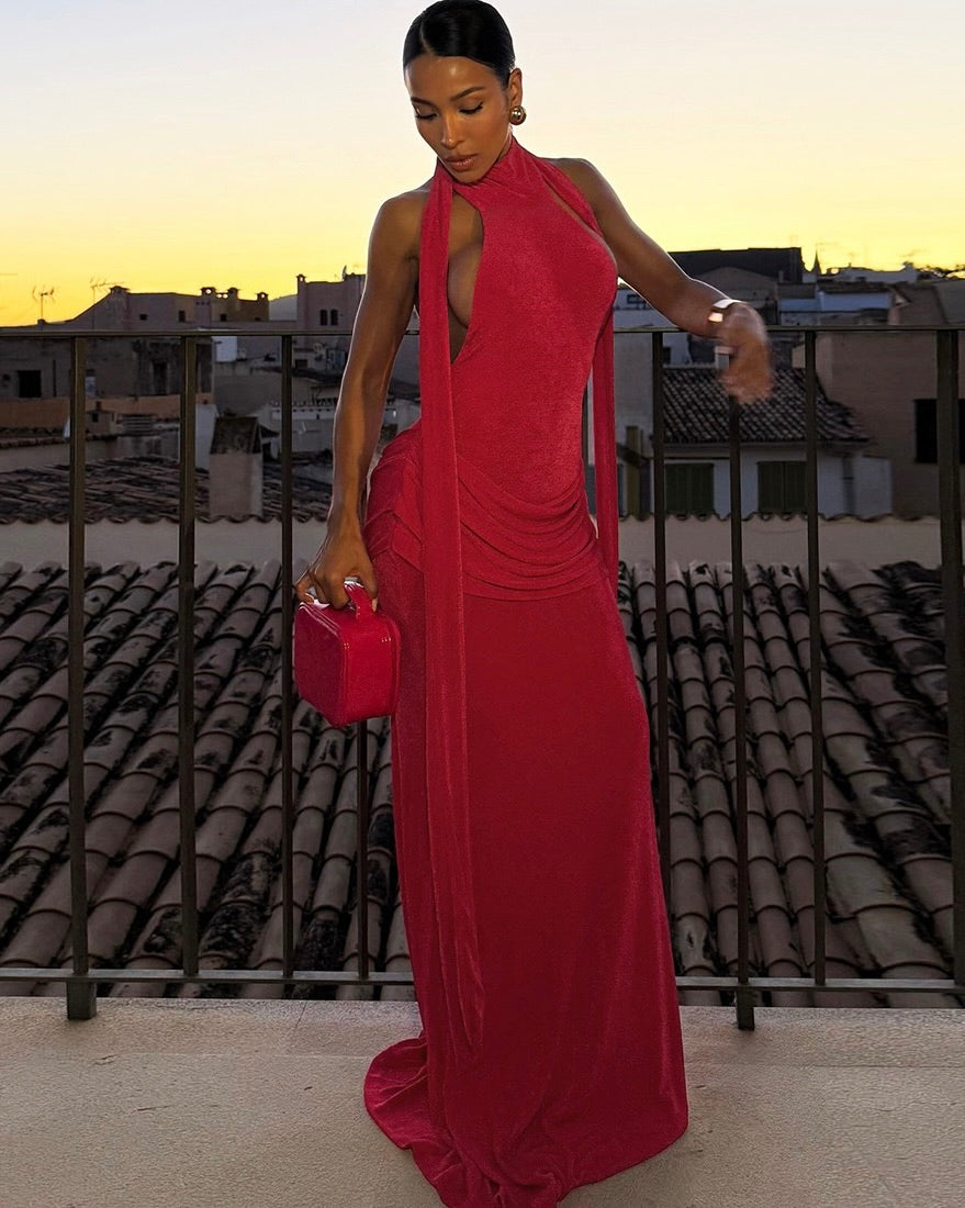 Seducta Velvet High-Neck Backless Maxi Gown