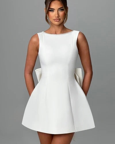 Fatale Pearl-Bow Open-Back Mini Dress