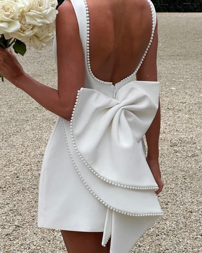 Fatale Pearl-Bow Open-Back Mini Dress