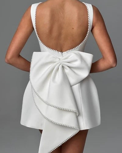 Fatale Pearl-Bow Open-Back Mini Dress