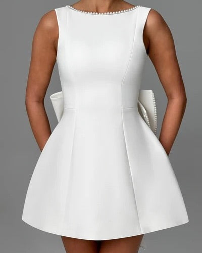 Fatale Pearl-Bow Open-Back Mini Dress