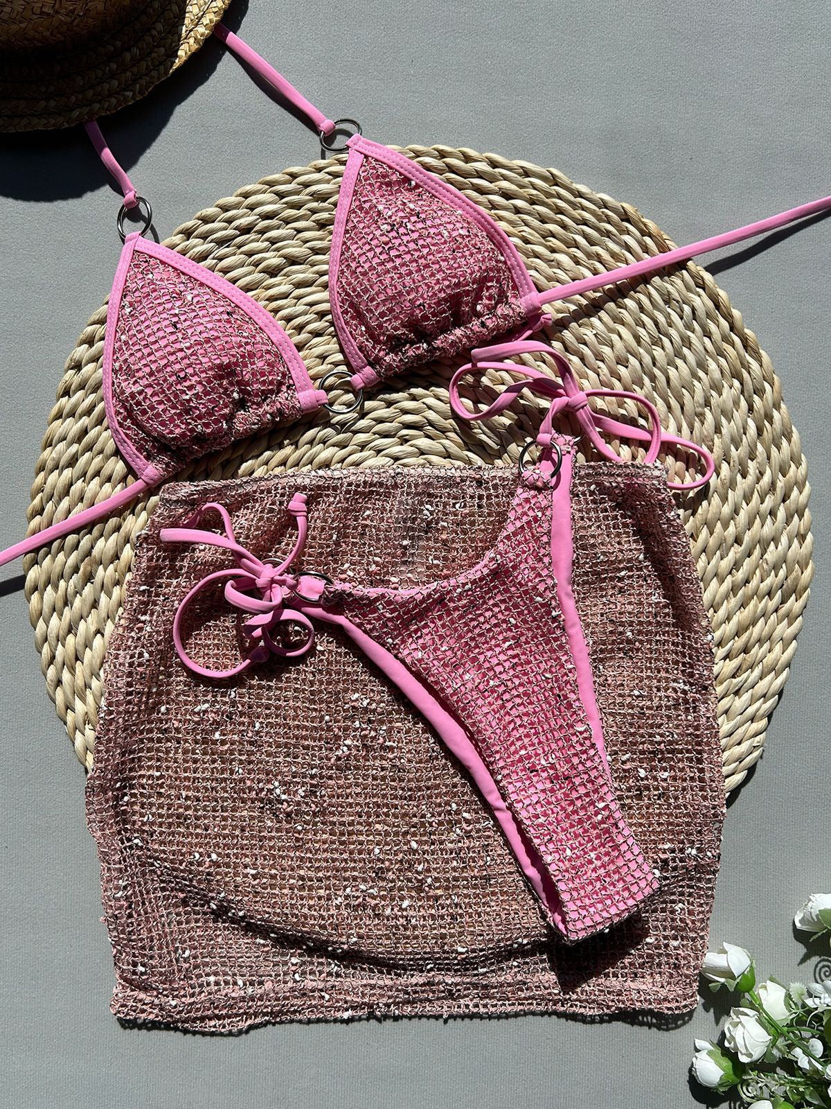 Lista Crochet Bikini Set in pastel pink with ring accents