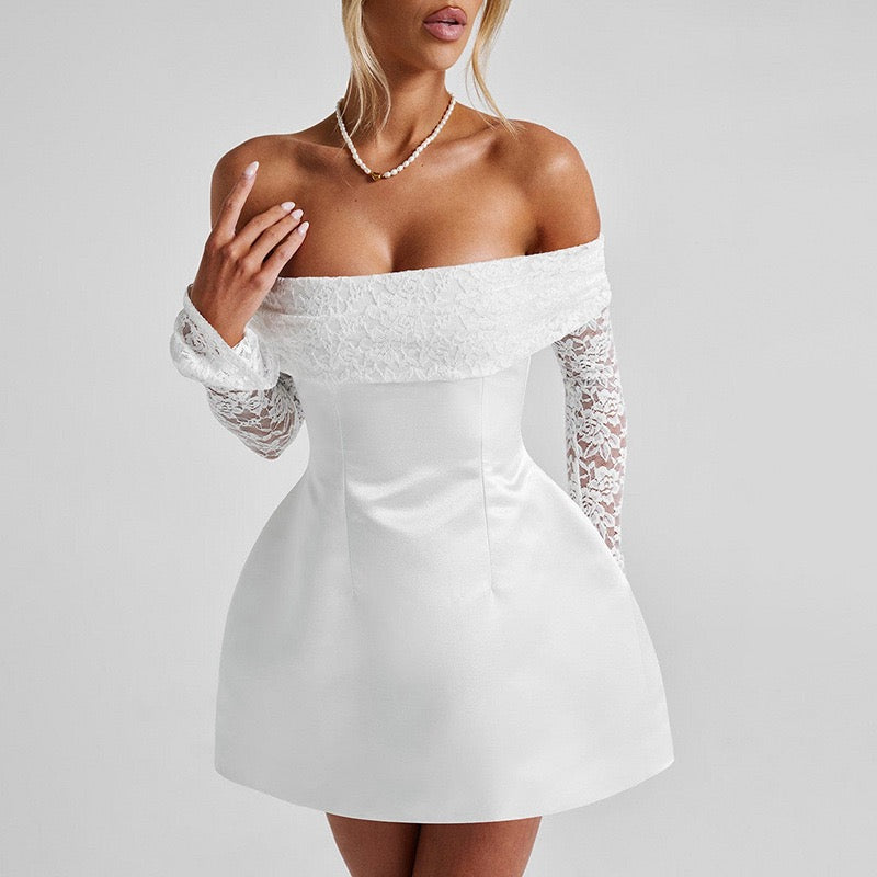 Rosette Off-Shoulder Mini Dress in white with lace sleeves and satin finish