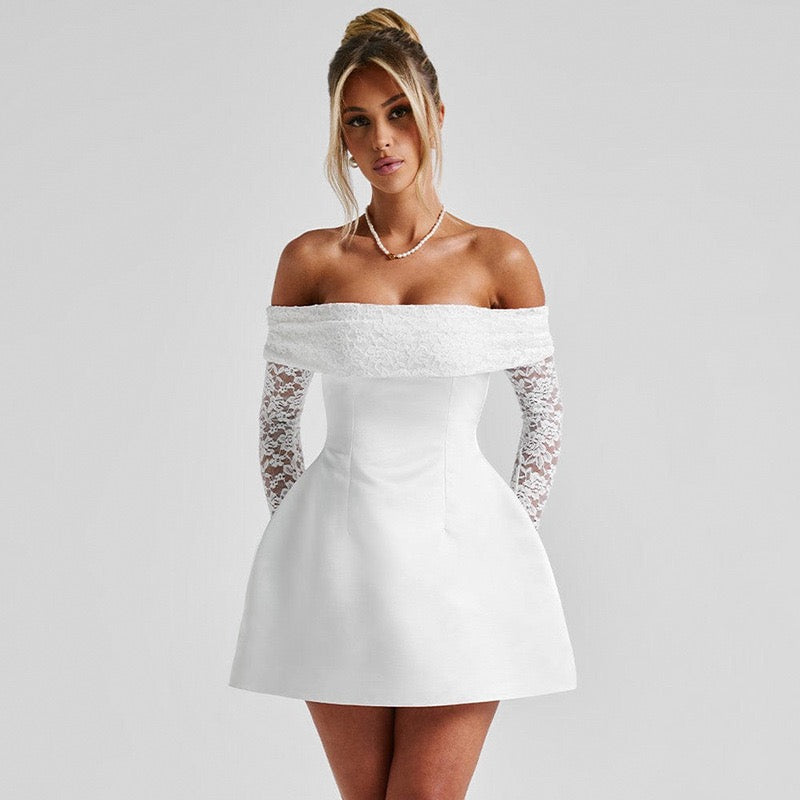 Rosette Off-Shoulder Mini Dress in white with lace sleeves and satin finish