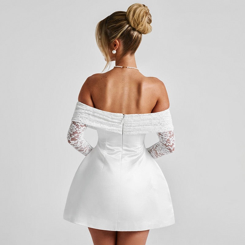 Rosette Off-Shoulder Mini Dress in white with lace sleeves and satin finish