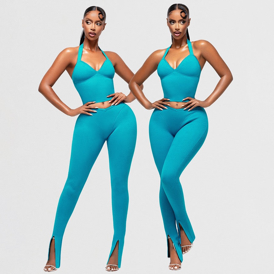 Skai Halter-Neck Ribbed Two-Piece Set in Aqua Blue with split hem leggings