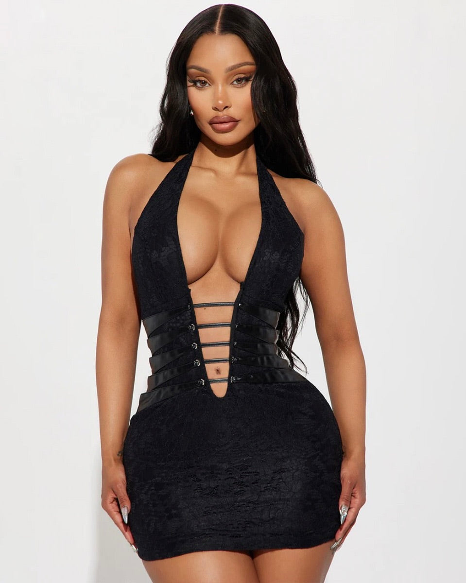 Obsession Black Lace-Up Mini Dress