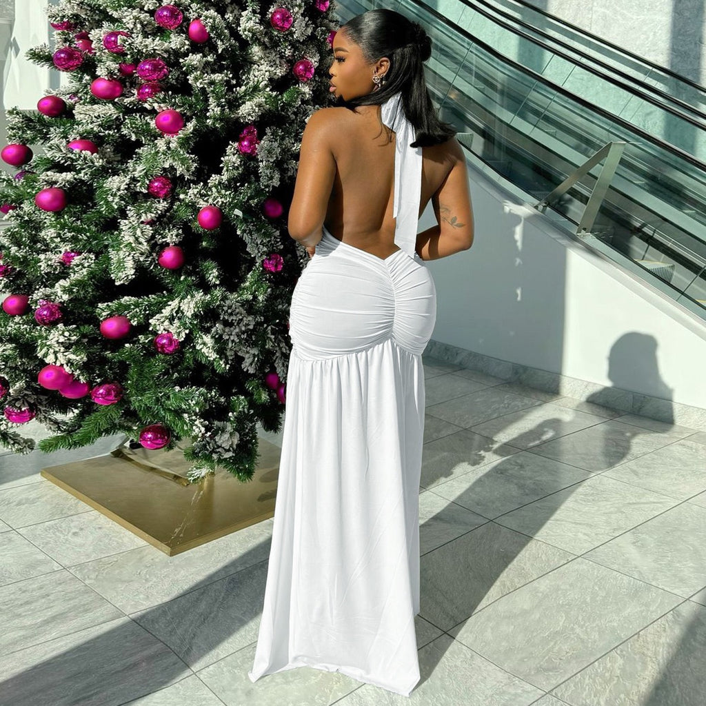 Shoza Halter-Neck Draped Maxi Dress in White with plunging neckline and thigh-high slit