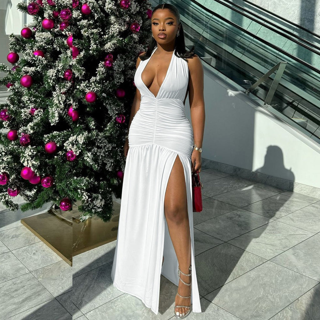 Shoza Halter-Neck Draped Maxi Dress in White with plunging neckline and thigh-high slit