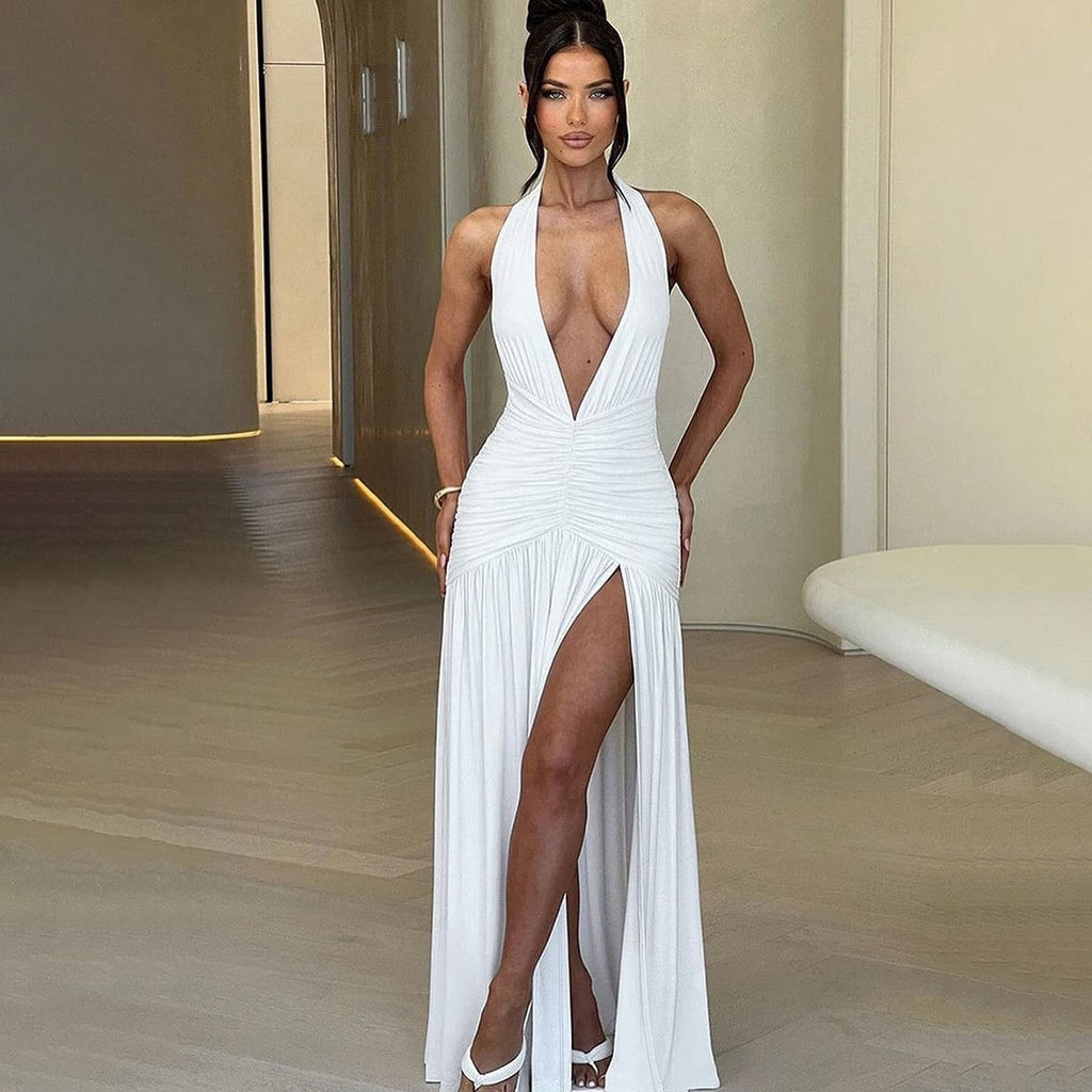 Shoza Halter-Neck Draped Maxi Dress in White with plunging neckline and thigh-high slit