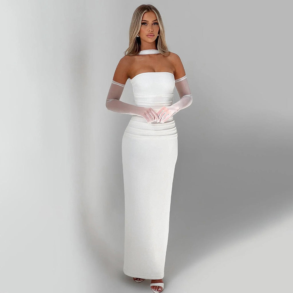 Nuva Strapless White Gown with matching gloves and chiffon scarf