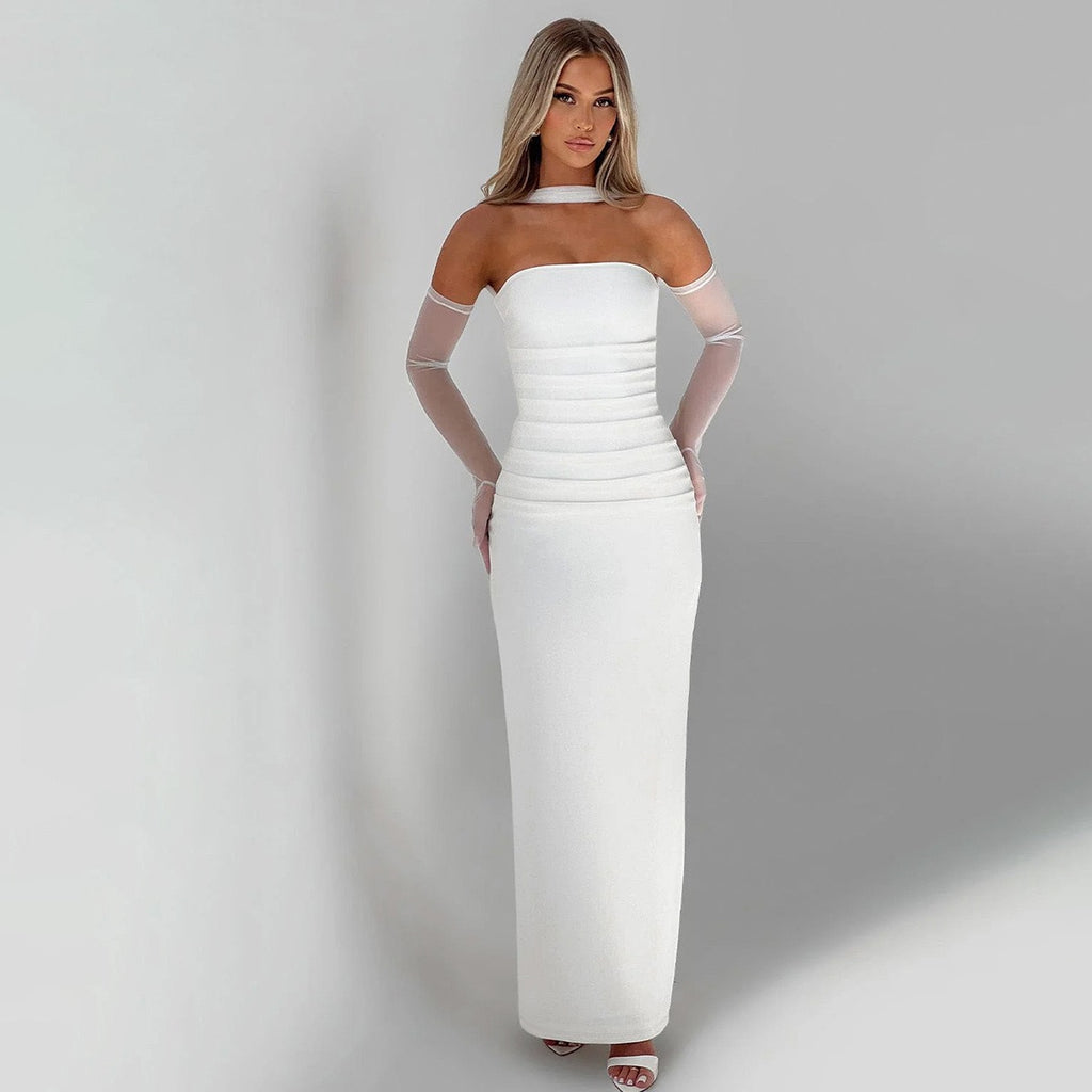 Nuva Strapless White Gown with matching gloves and chiffon scarf