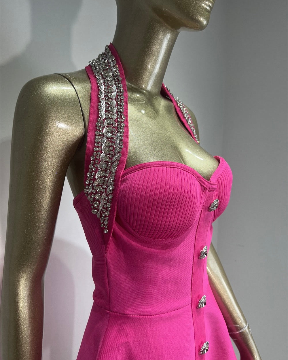Vera Hot Pink Embellished Halter Mini Dress