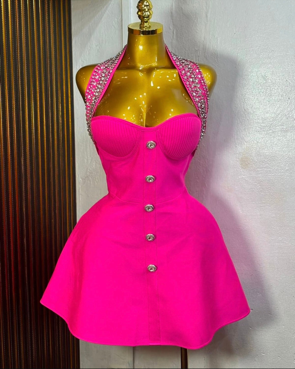 Vera Hot Pink Embellished Halter Mini Dress