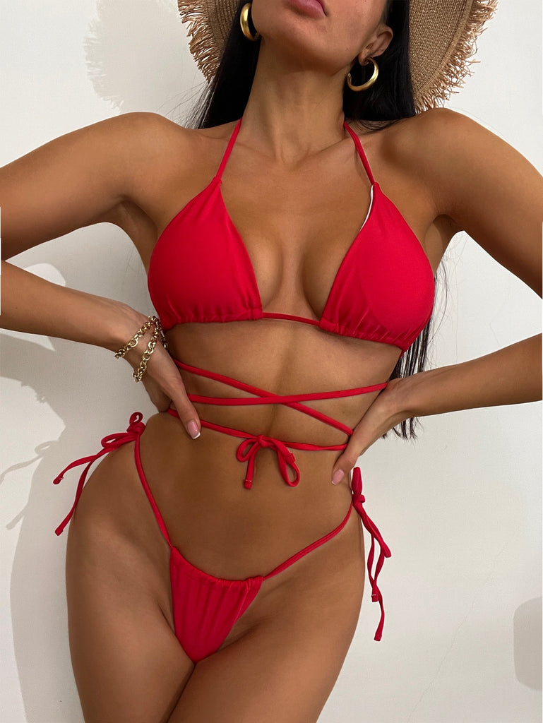 Fez Bold Red Strappy Bikini Set featuring wrap-around top and tie-side bottoms