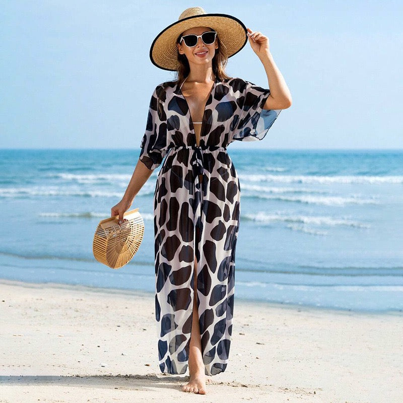 Nique Sheer Beach Cover-Up in animal print with tie-waist detail