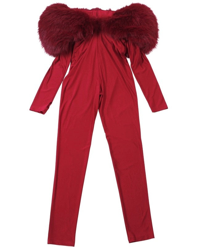 Really Burgundy Feather Trim Jumpsuit