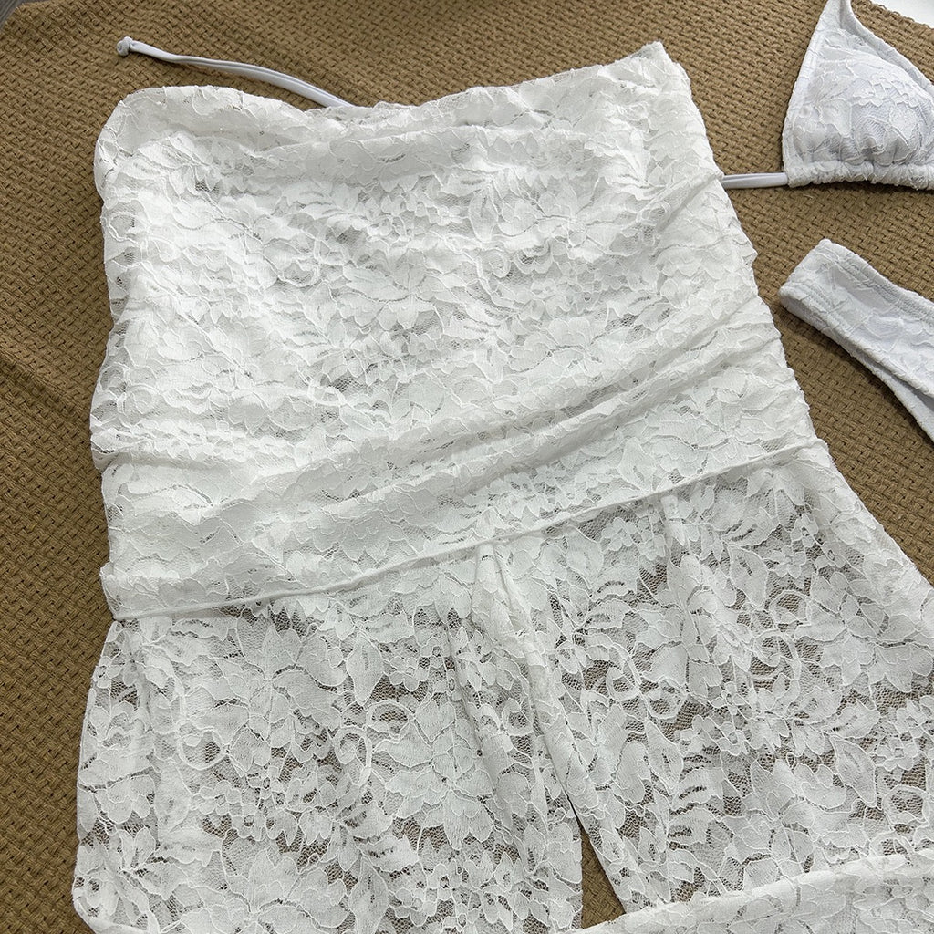 Lexi Lace Cover-Up Set with halter bikini top, lace pants, and mini skirt overlay