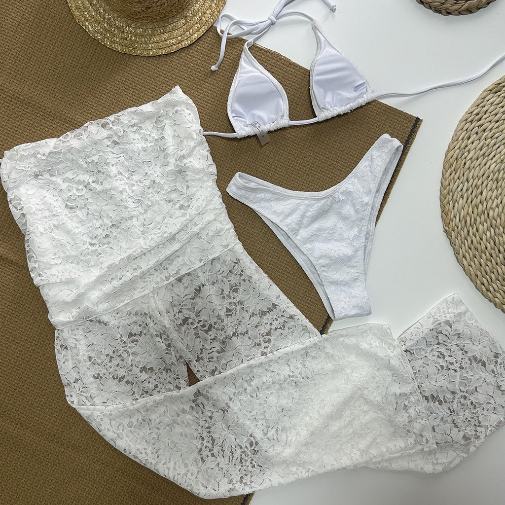 Lexi Lace Cover-Up Set with halter bikini top, lace pants, and mini skirt overlay