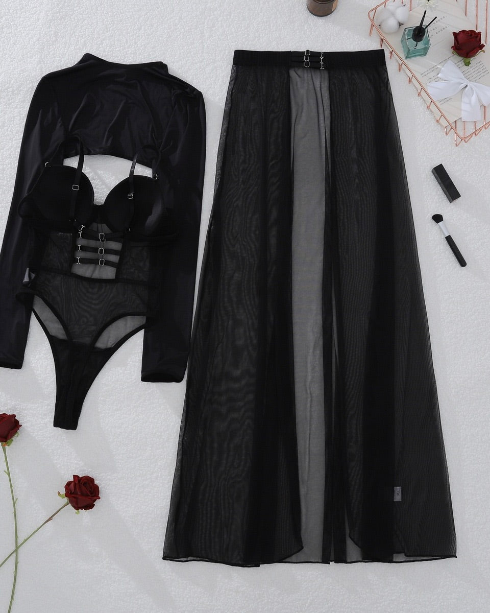 Natalie Black Sheer Robe Lingerie Set